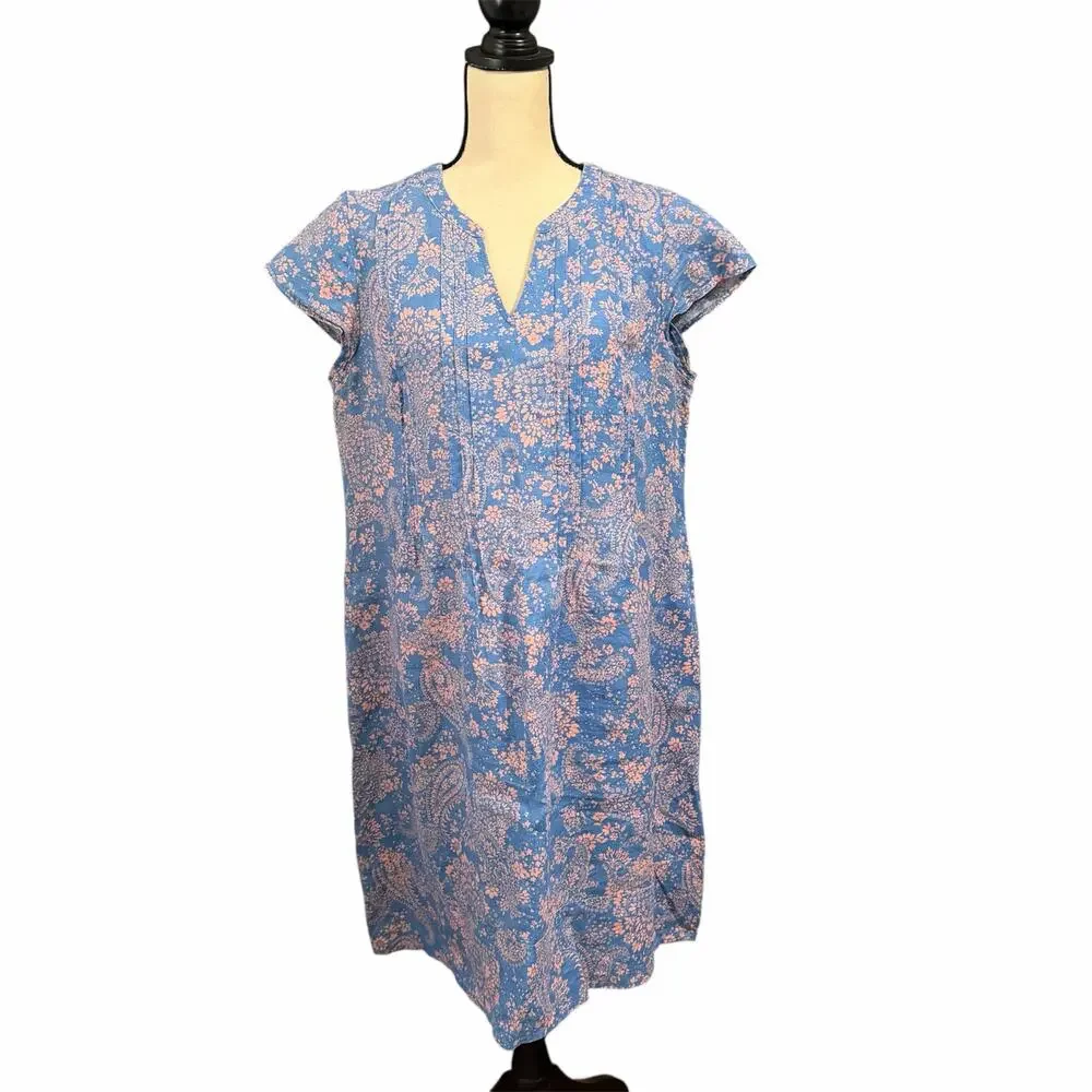 J. Jill Love Linen Wmns Blue Linen Pink Floral Shift Dress Sz M Vacation Summer